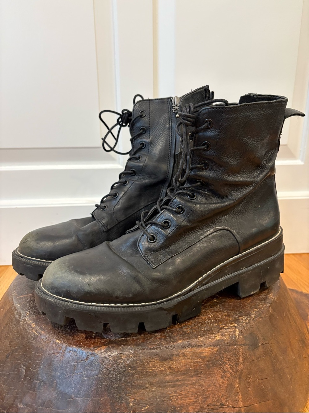 Sam Edelman Women’s Black Leather Lug-Sole Combat Boots